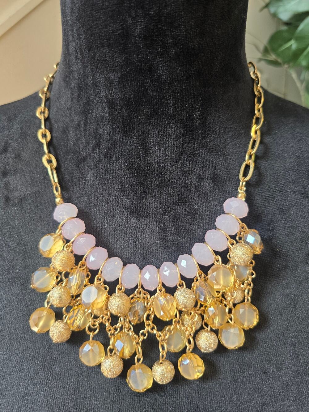 Gold Pink Beaded  Fringe Statement Necklace